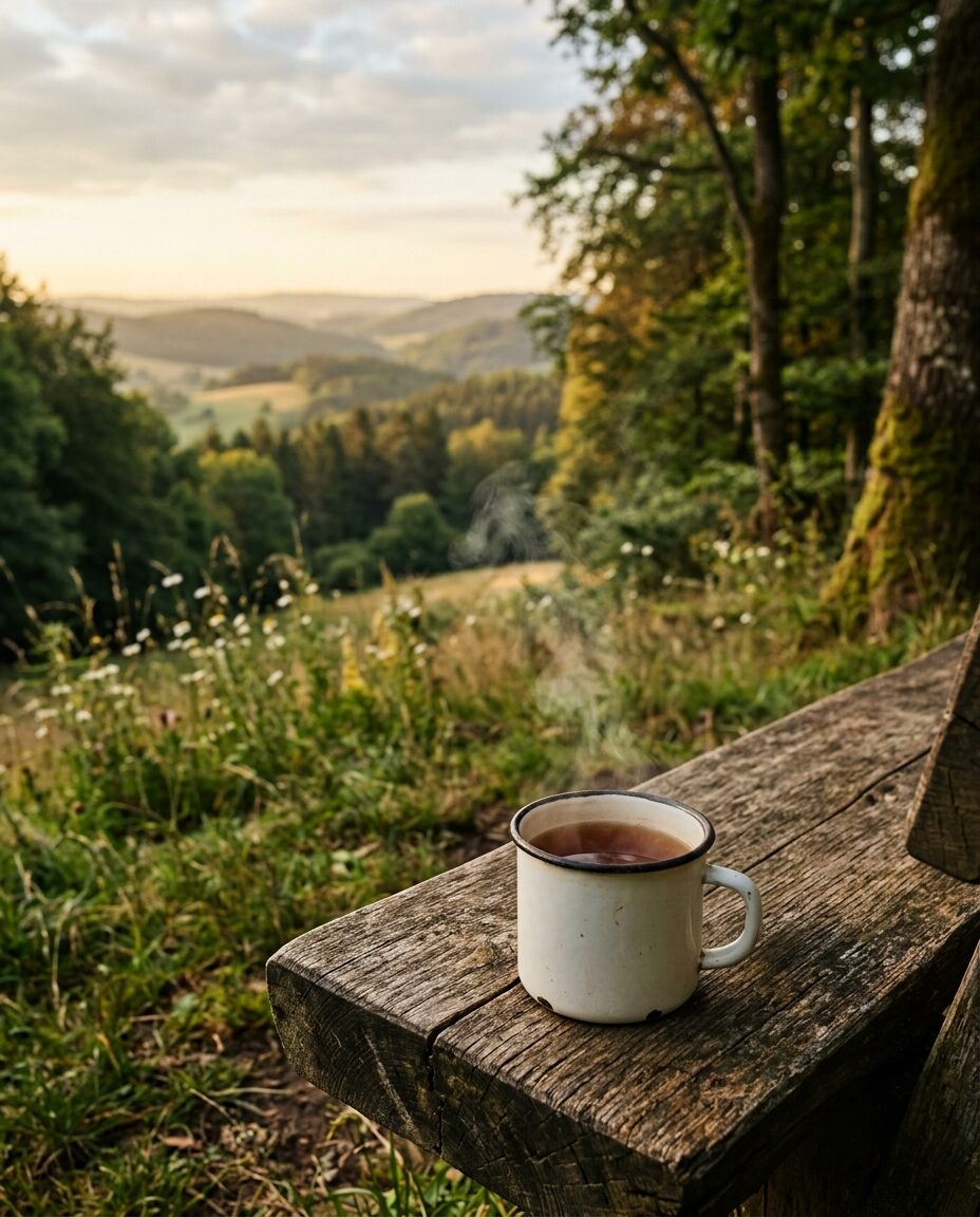 Eine emaillierte Tasse mit dampfendem Tee auf einer verwitterten Holzbank, dahinter der Blick ins Spessart-Tal