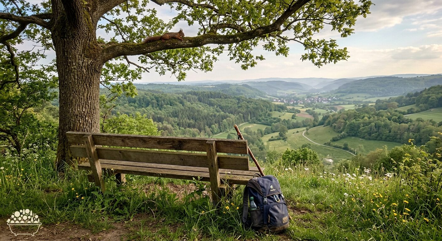Eine leere Holzbank unter einer Eiche mit weitem Blick ins Spessart-Tal